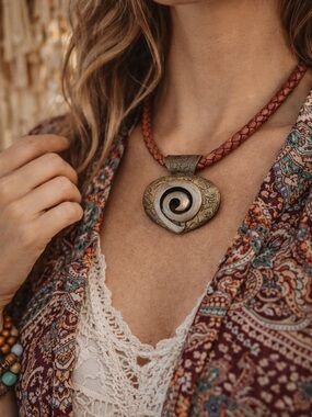 Chico’s Boho Leather Cord Necklace Spiral Pendant Statement